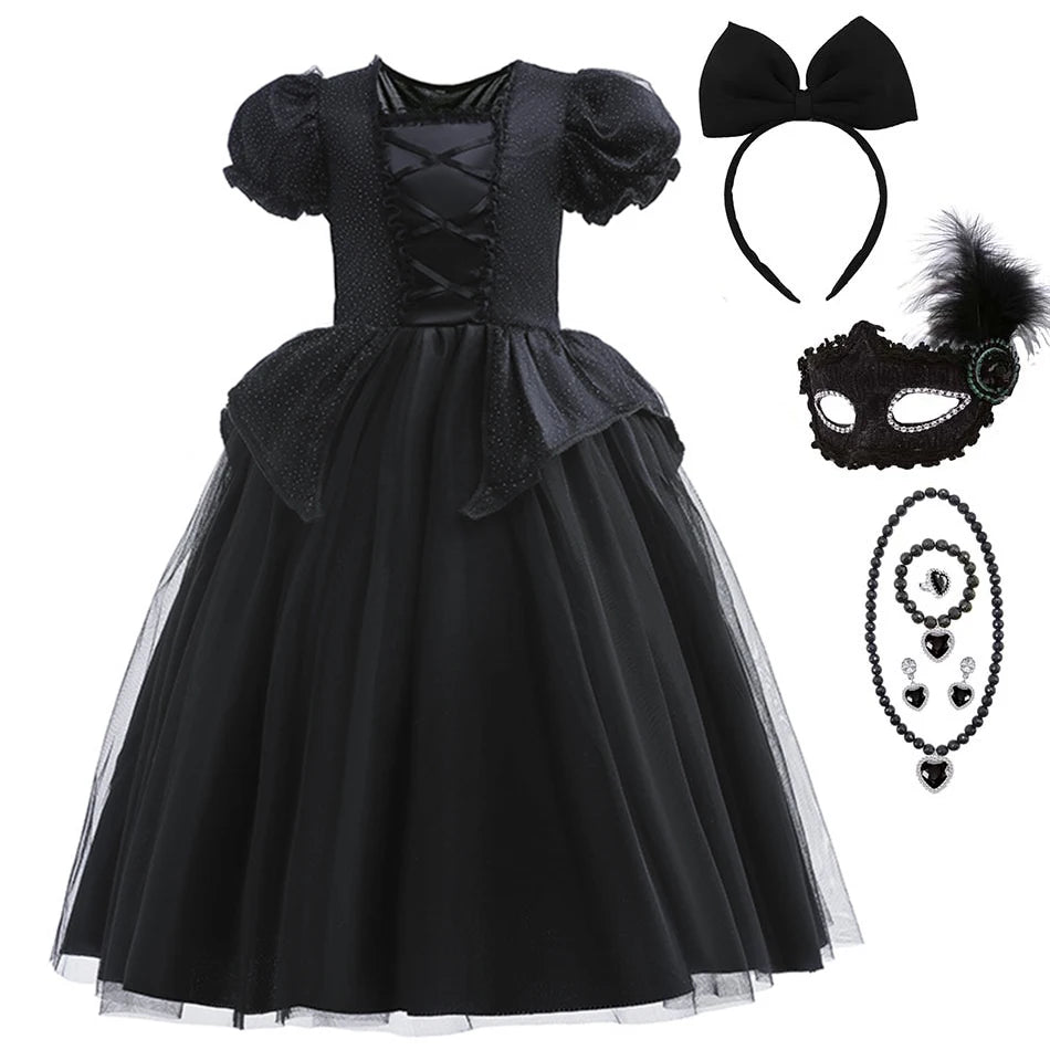 Girl Maleficent Cosplay Dress With Wings Kids Halloween Carnival Evil Witch Dress Up Costume 2-10 Yrs Sequin Ruffles Outfits