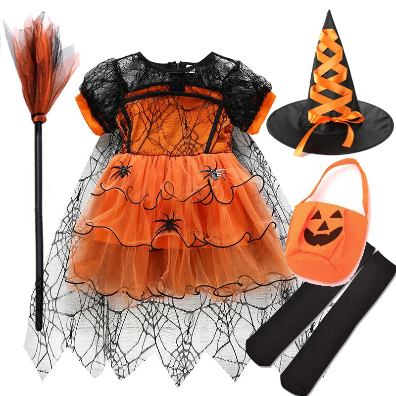 Baby Halloween Costume Girls Princess Spider Mesh Dress Children Vampire Performance Elegant Clothes Witch Dresses 1-6 Y