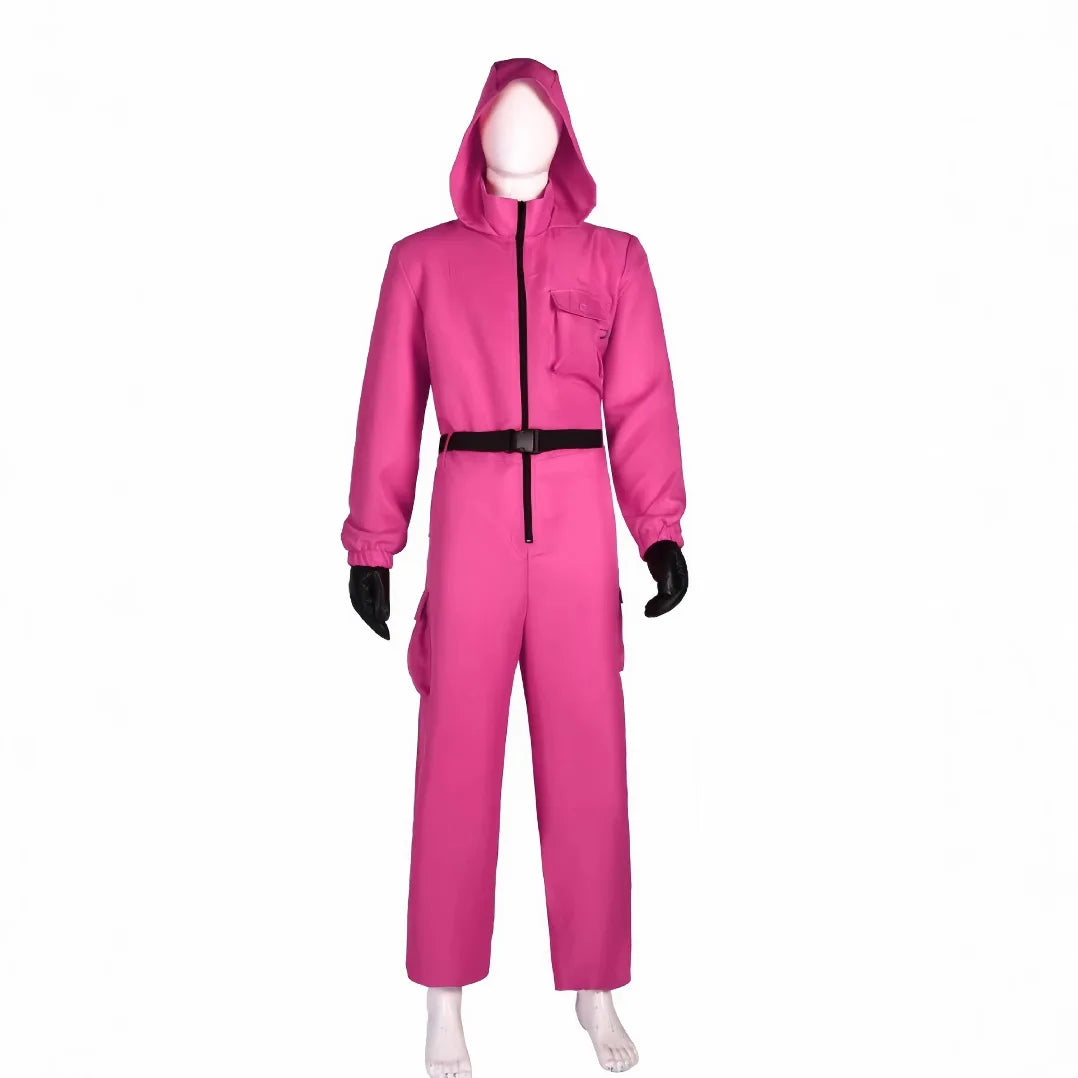 Calamari Game Guard Cosplay Costume Red Jumpsuit Outfit Adult KidsTeenagers Tracksuit Hooded Overall Belt Gloves Set Halloween
