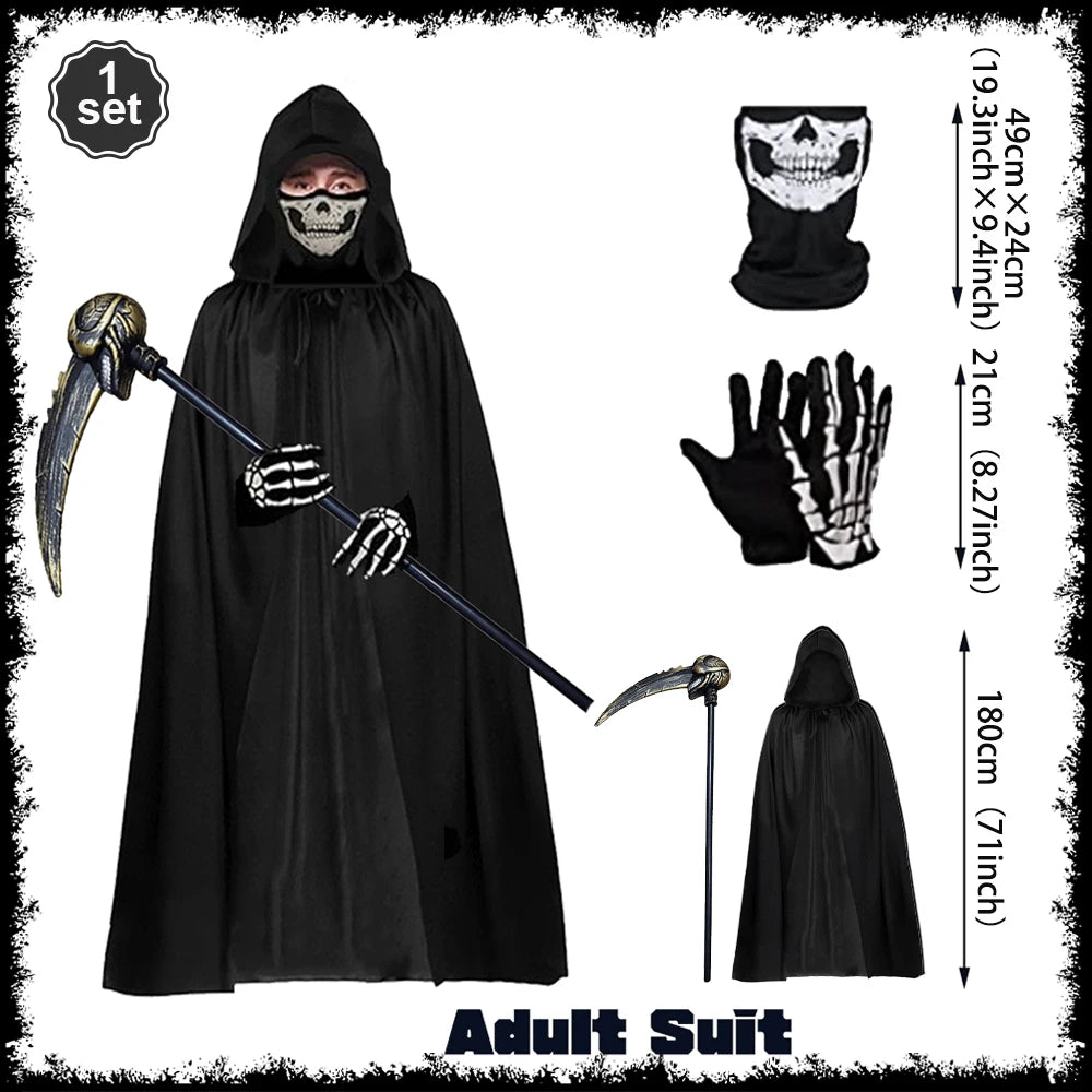 Death Cloak Suit Halloween Cosplay Costume Grim Reaper Prop Ghost Head Scythe Skull Scarf Glove Adult Kids Halloween Decoration