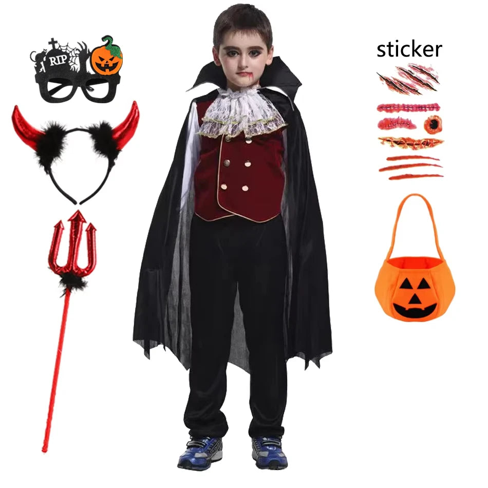 2025 Girls Boys Red Vampire Costume Ghost Bride Gothic Dress Party Kids Cosplay Clothes Halloween Outfit