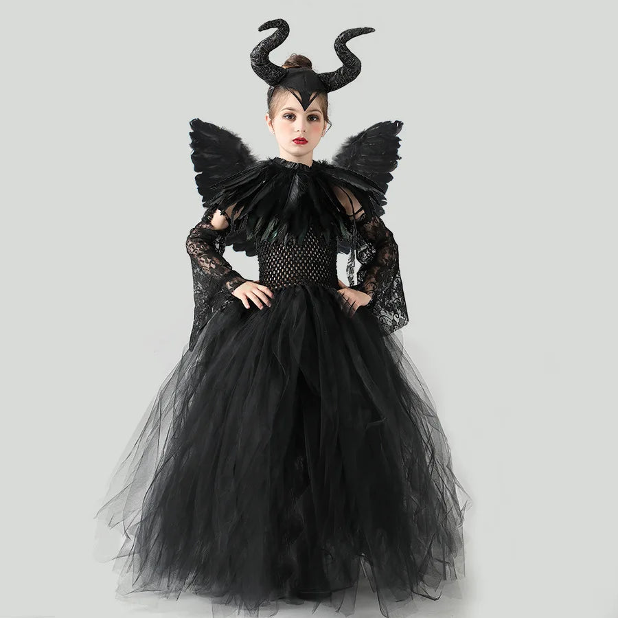 2024 New Maleficent Halloween Costume Maleficent Tulle Dress for Girls Cosplay Evil Queen Black Mesh Princess Dress Kids