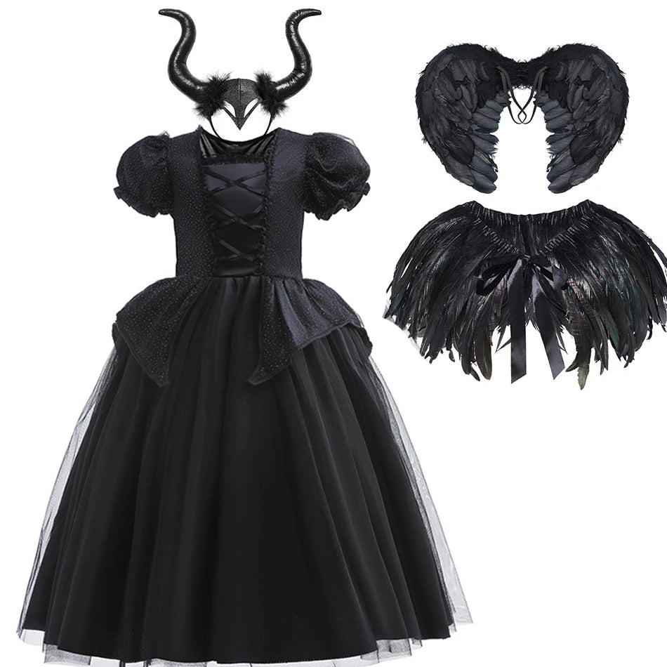 Girl Maleficent Cosplay Dress With Wings Kids Halloween Carnival Evil Witch Dress Up Costume 2-10 Yrs Sequin Ruffles Outfits
