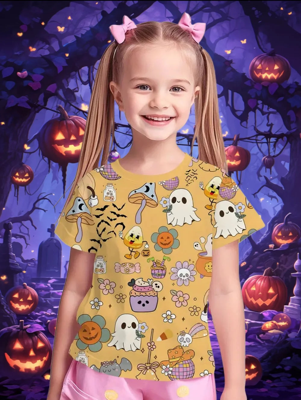 Girl Clothes Funny Pumpkin Graphic T Shirt Halloween Boys Girls Summer Short Sleeves T-Shirt 2-10y Halloween Gift Party T-Shirt