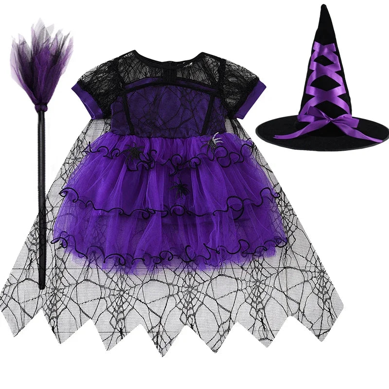 Halloween Girl With Cloak Witch Cosplay Party Dress Toddler Short Sleeve Spider Pattern Lace Tutu Knee Mesh Costume Dresses 1-5Y