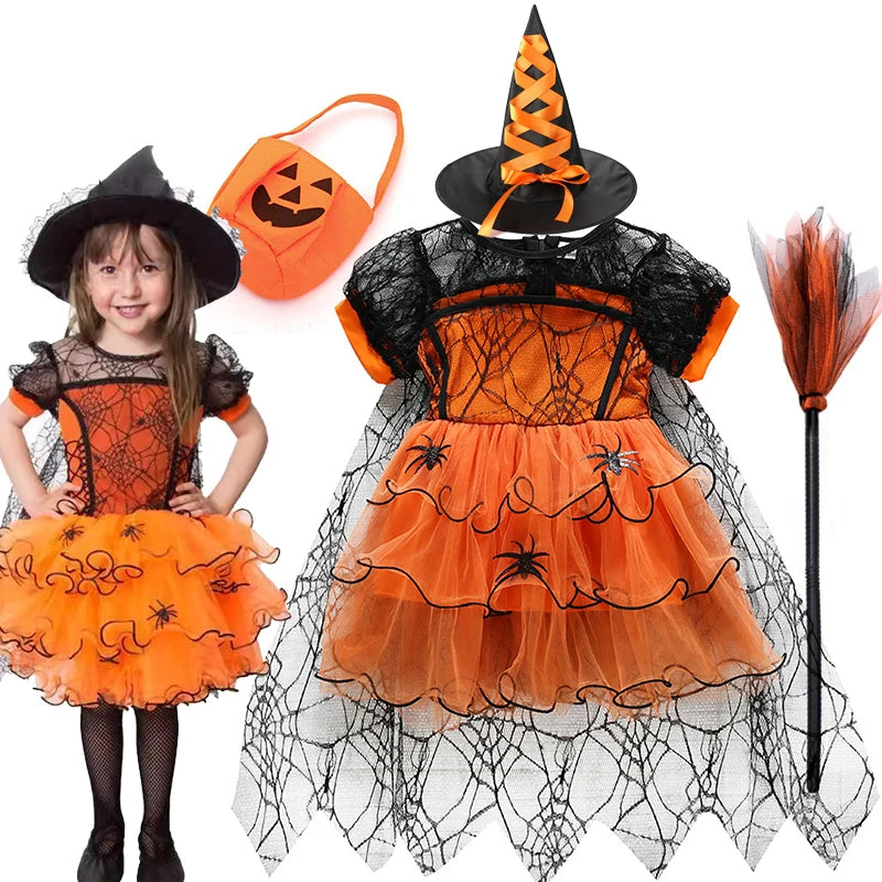Baby Halloween Costume Girls Princess Spider Mesh Dress Children Vampire Performance Elegant Clothes Witch Dresses 1-6 Y