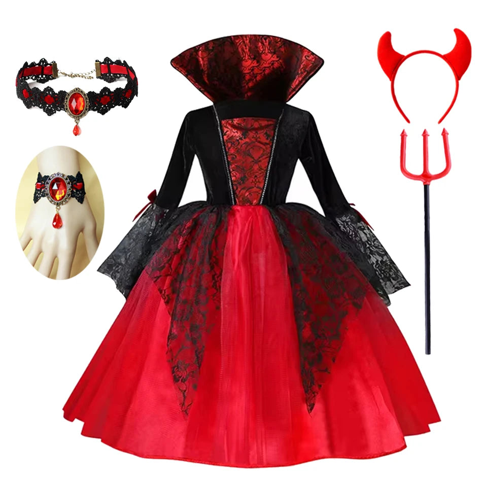 2025 Girls Cosplay Vampire Halloween Dress For Kids Ghost Bride Gothic Costume Count Vampiran Carnival Outfit Black Red Clothes