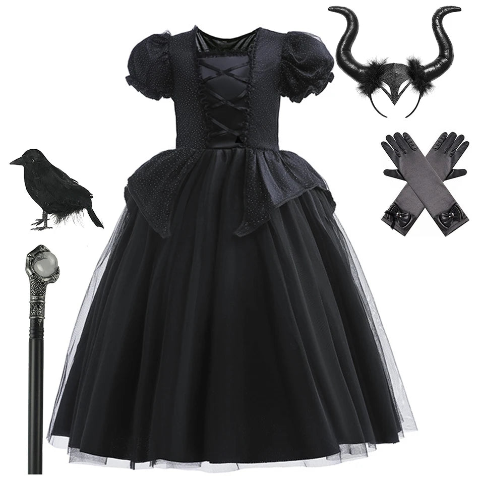 Girl Maleficent Cosplay Dress With Wings Kids Halloween Carnival Evil Witch Dress Up Costume 2-10 Yrs Sequin Ruffles Outfits