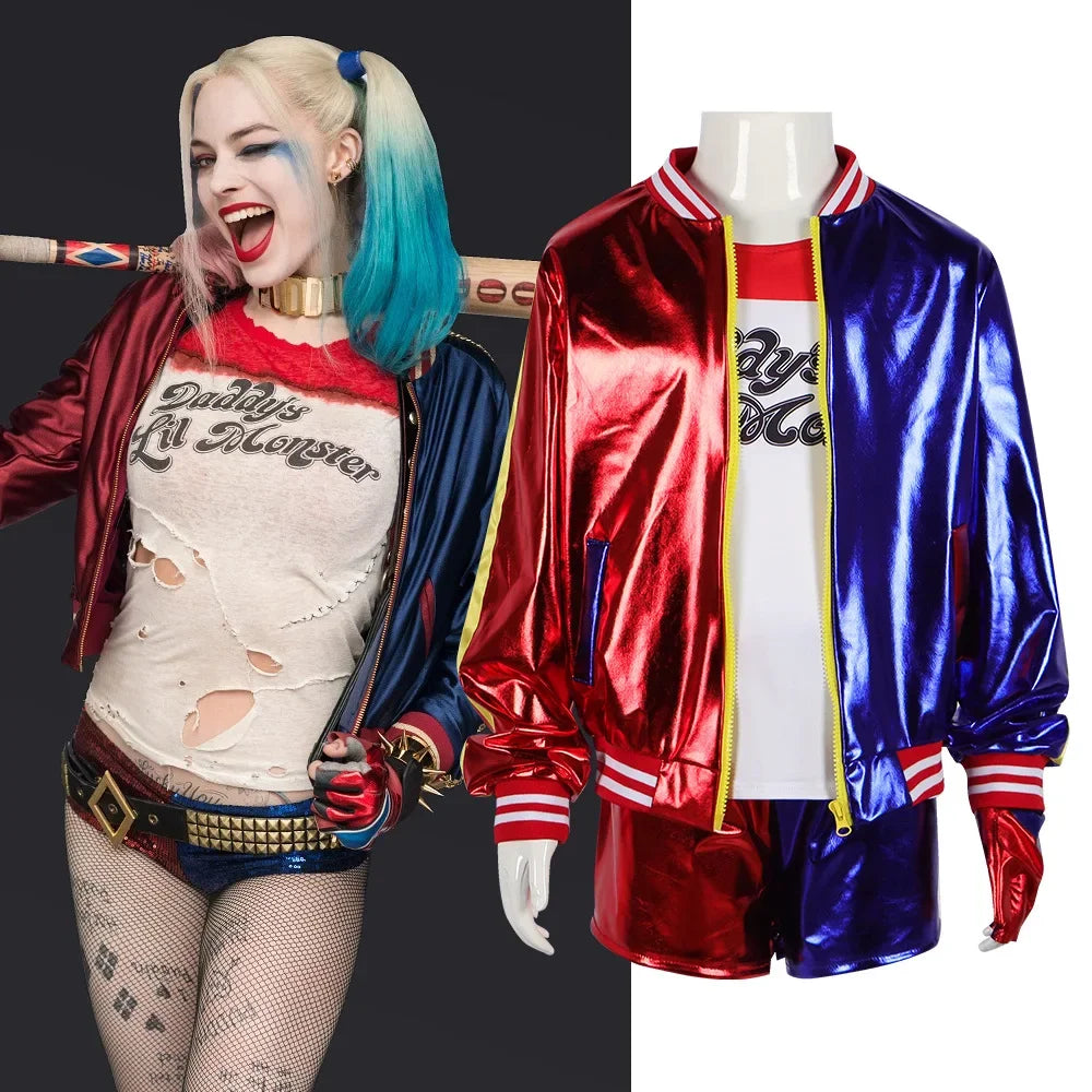 Anime Adult Dress Women Costume Quinn Girl Wig T Shirt Joker Jacket Halloween Costume Kids Glove Accessories