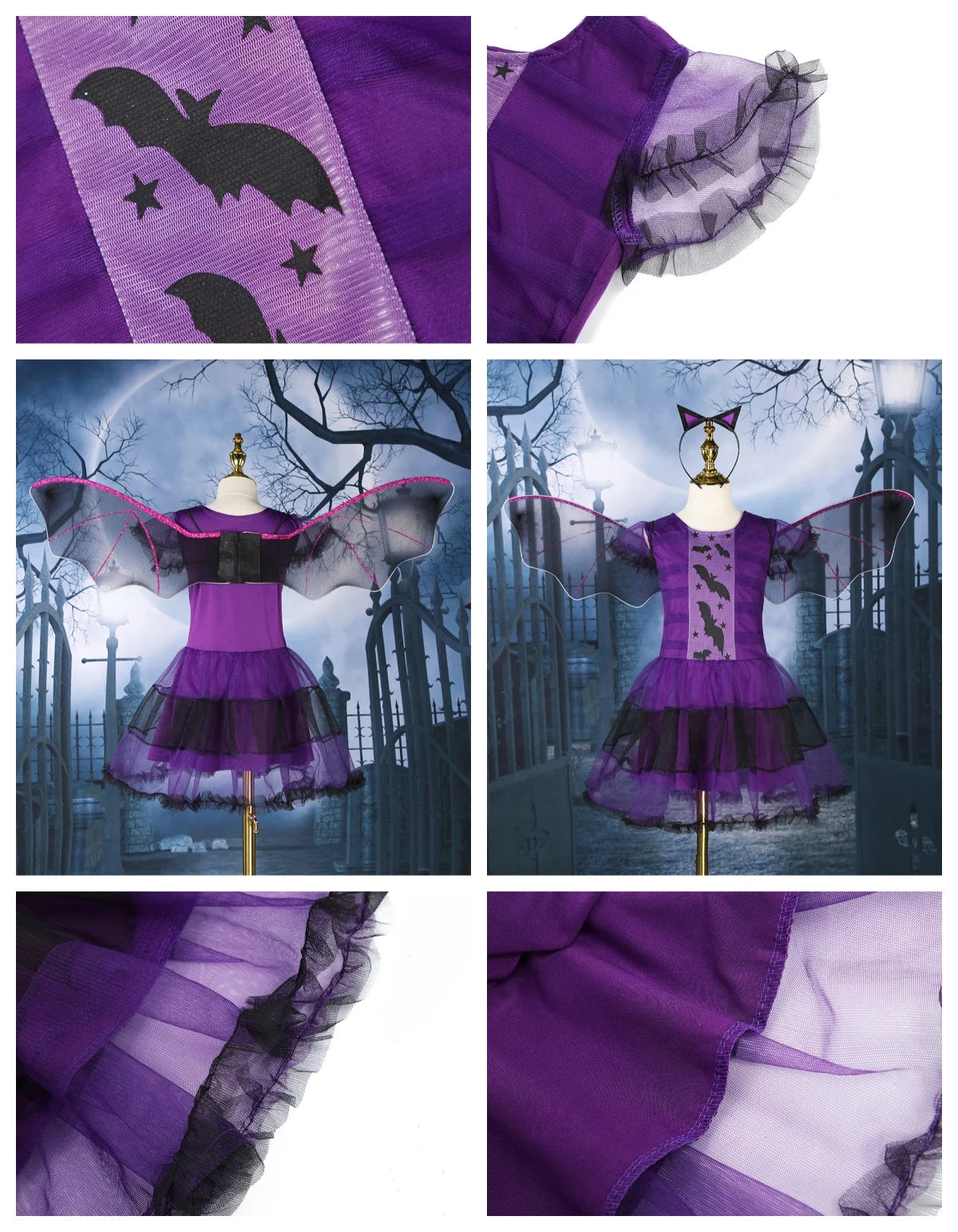 2025 Kids Girls Purple Bat Vampire Princess Dress Fancy Cosplay Costume Witch Clothes Wth Wing Halloween Role Play Clothing