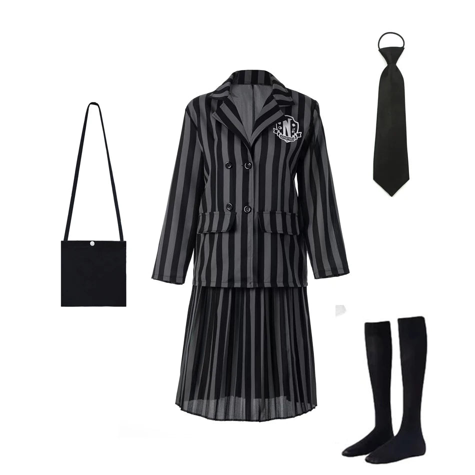 Addams Costumes Girls Black Uniform Suit Birthday Party Halloween Cosplay Dresses For Kids Women