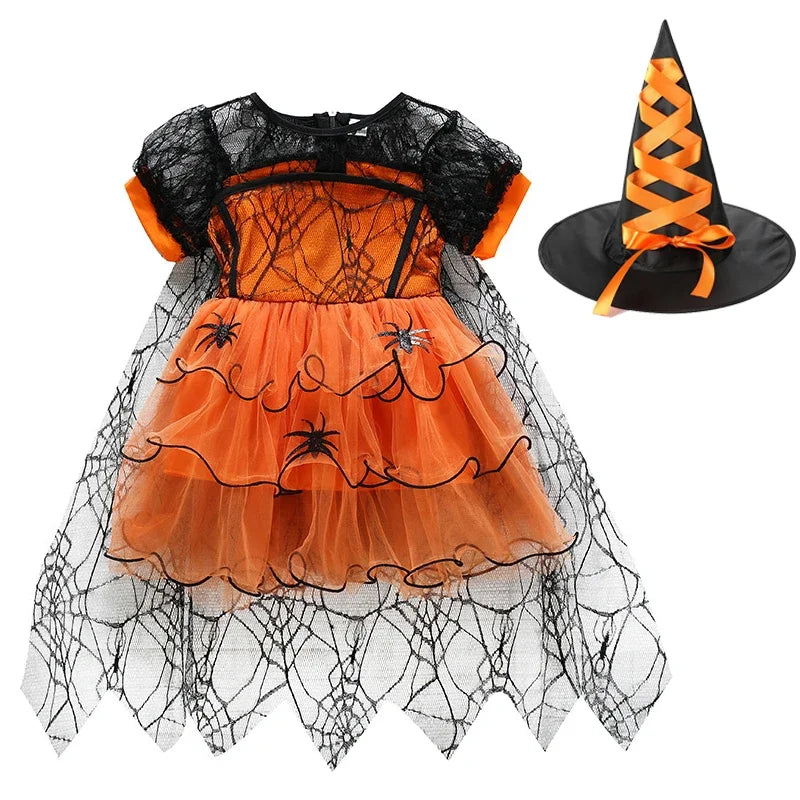 Baby Halloween Costume Girls Princess Spider Mesh Dress Children Vampire Performance Elegant Clothes Witch Dresses 1-6 Y