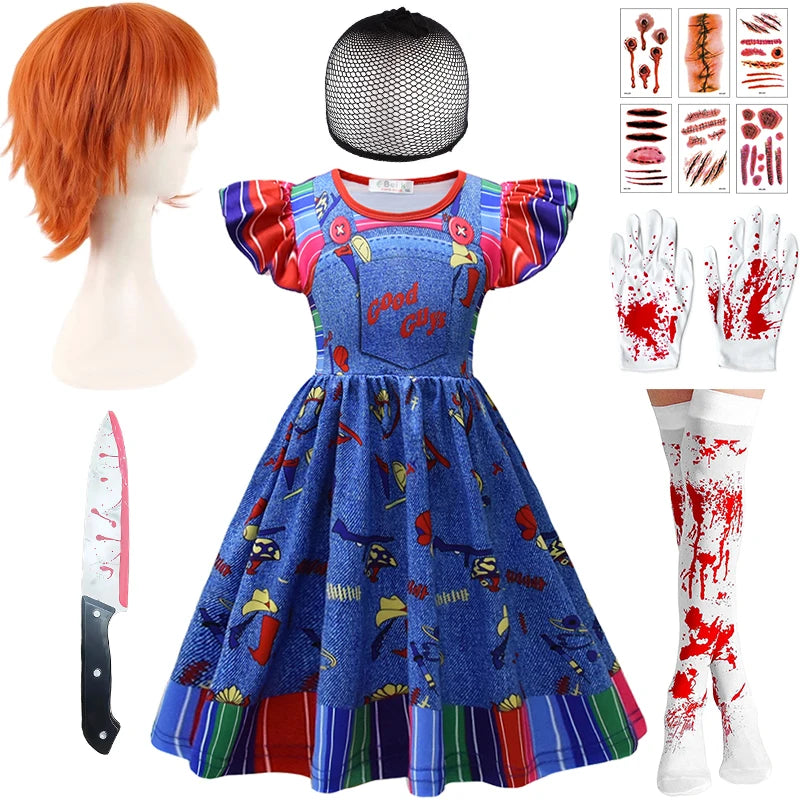 Child Role Play Ghost Doll Chucky Dress for Girls 2-10Y Kids Halloween Cosplay Horror Ghost Masquerade Carnival Party Costume