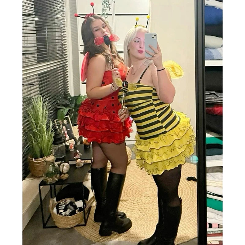 Combhasaki Women Halloween Insect Costumes Cute Bee Ladybug Dress and Wings Headband Set for Christmas Cosplay Party Outfits