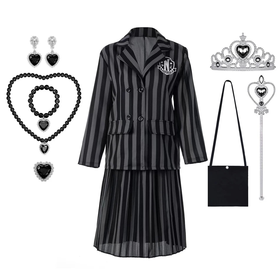 Addams Costumes Girls Black Uniform Suit Birthday Party Halloween Cosplay Dresses For Kids Women
