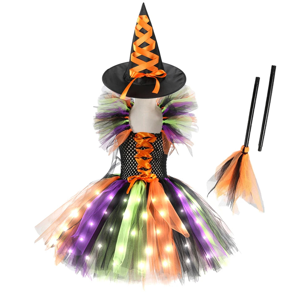 2025 Girls Witch Halloween Cosplay LED Dress Carnival Vestidos Party Kids Children Glowing Costume Party Princess Dress
