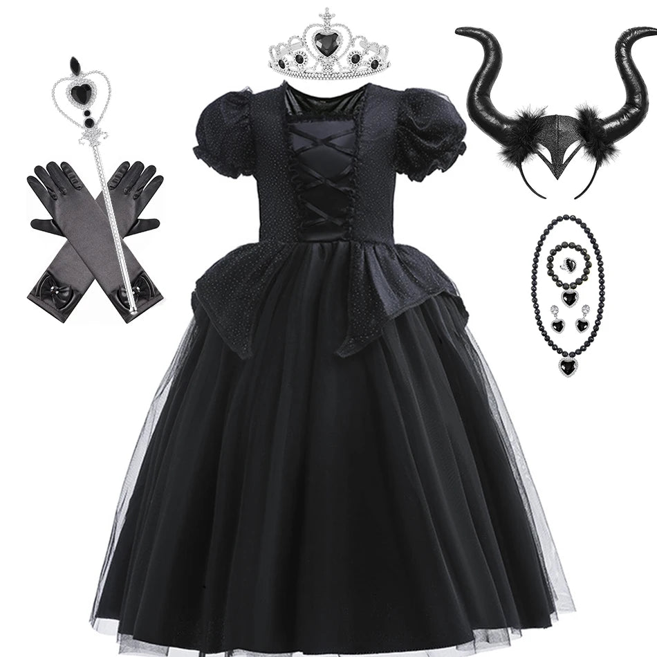 Girl Maleficent Cosplay Dress With Wings Kids Halloween Carnival Evil Witch Dress Up Costume 2-10 Yrs Sequin Ruffles Outfits