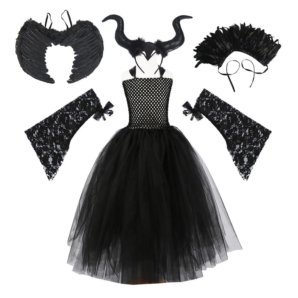 2024 New Maleficent Halloween Costume Maleficent Tulle Dress for Girls Cosplay Evil Queen Black Mesh Princess Dress Kids