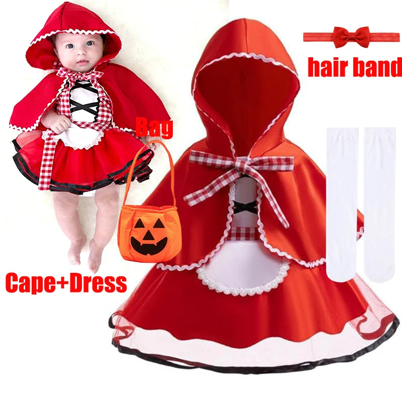 Baby Girls Cosplay Little Red Riding Hood Halloween Costume With Cape Dress up Halloween Red Princess Cloak Performance Dress