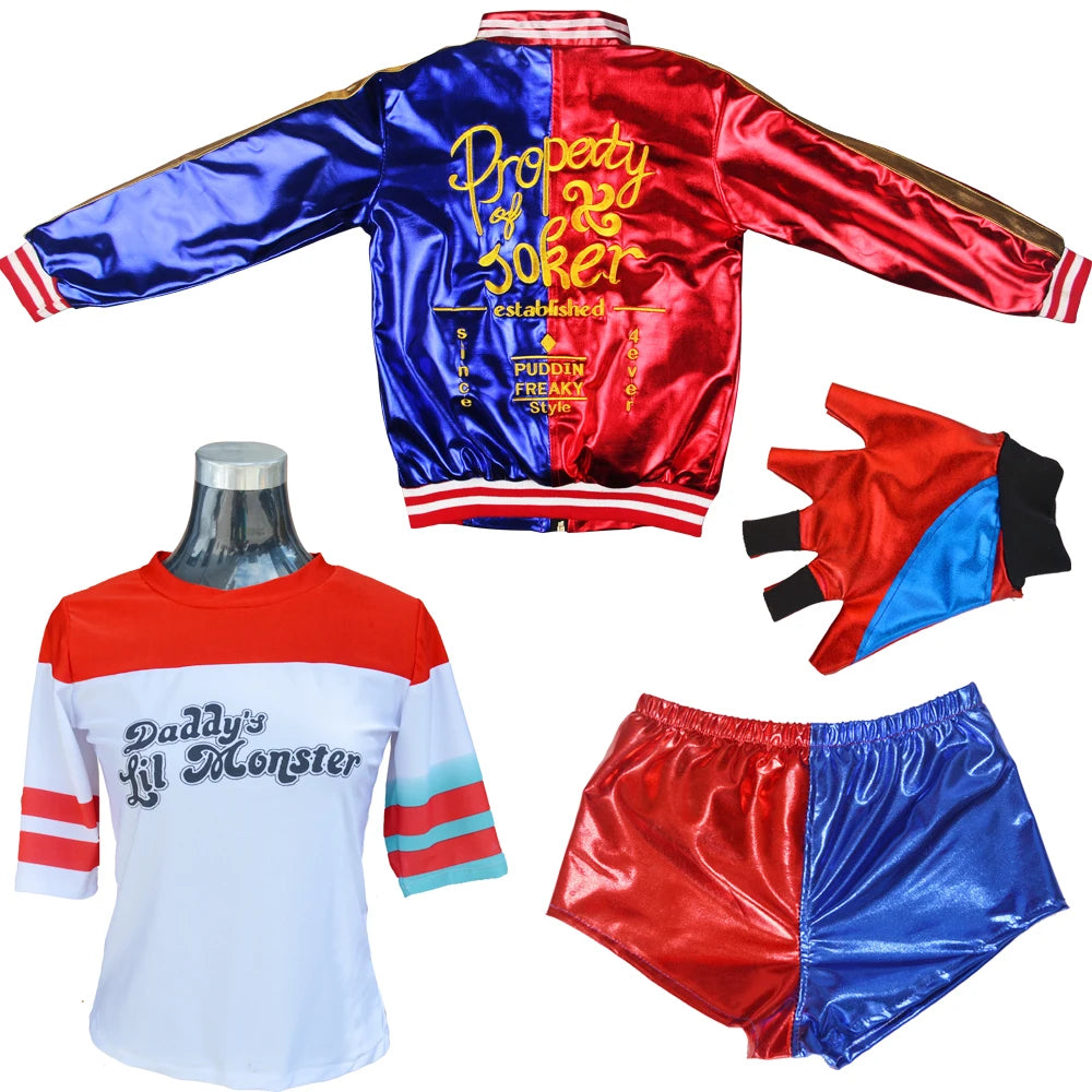 Anime Adult Dress Women Costume Quinn Girl Wig T Shirt Joker Jacket Halloween Costume Kids Glove Accessories