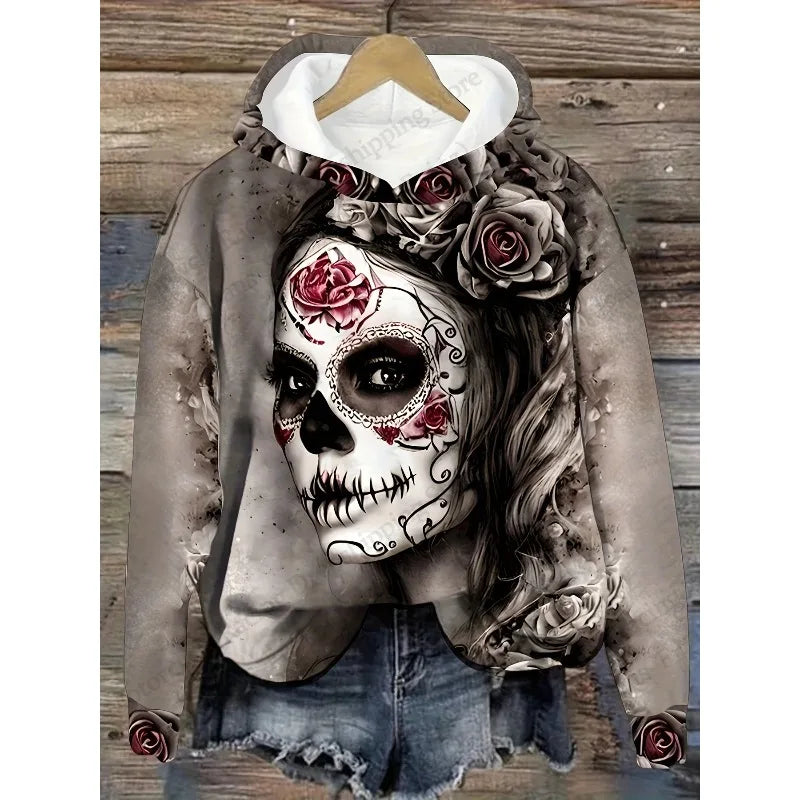 2025 Autumn 3D Printing Halloween Flower Hoodie Women's Fashion Sportswear Oversized Sexy Girl Pullover Sportswear