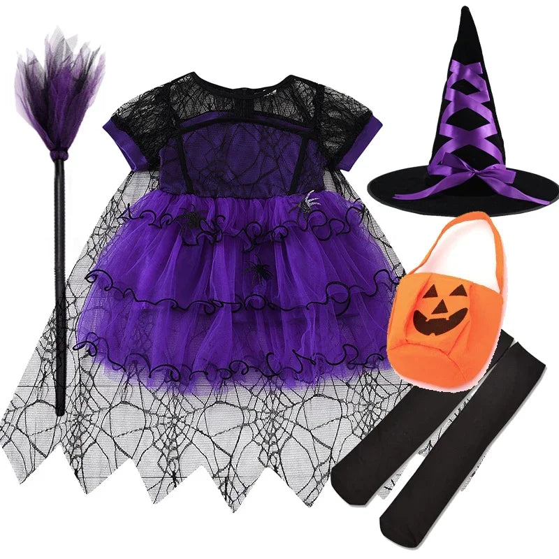 Baby Halloween Costume Girls Princess Spider Mesh Dress Children Vampire Performance Elegant Clothes Witch Dresses 1-6 Y
