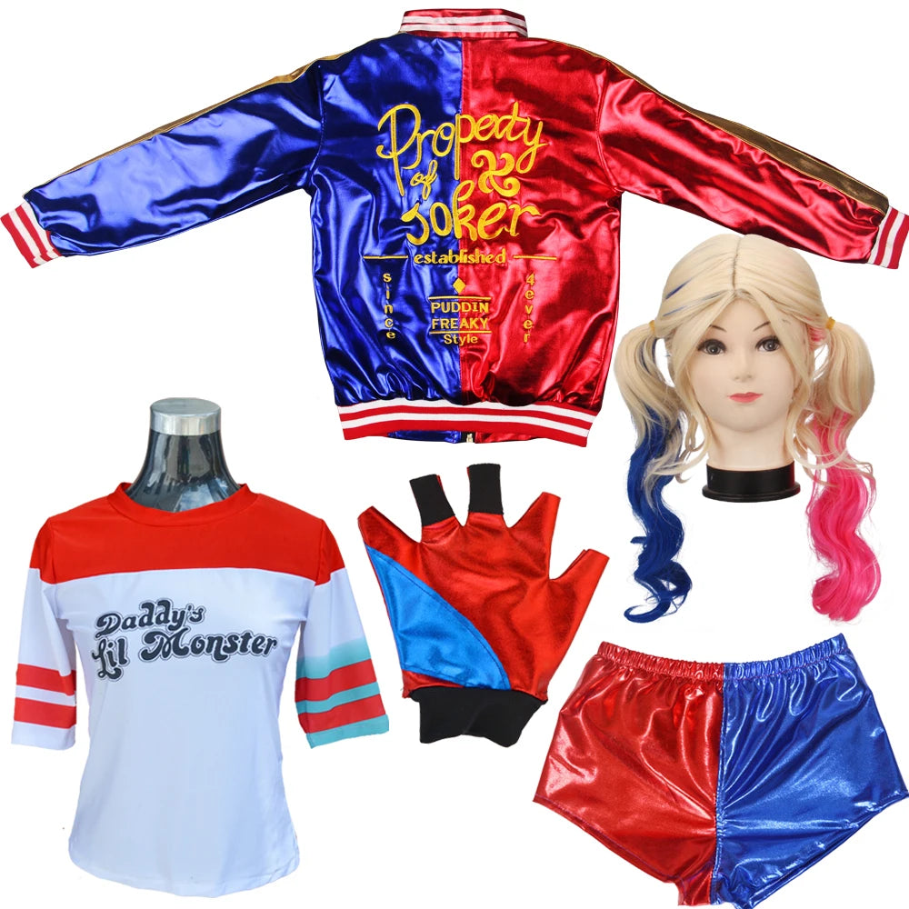 Anime Adult Dress Women Costume Quinn Girl Wig T Shirt Joker Jacket Halloween Costume Kids Glove Accessories