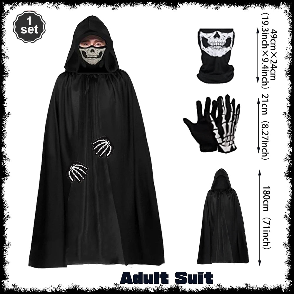 Death Cloak Suit Halloween Cosplay Costume Grim Reaper Prop Ghost Head Scythe Skull Scarf Glove Adult Kids Halloween Decoration