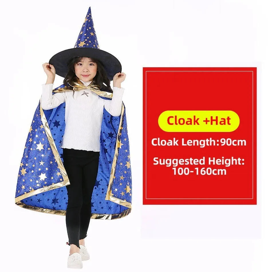 Children Cloak with Witch Hat Boys Girls Cosplay Costume Teens Black Purple Red Carnival Photography Props Kids Christmas Cape