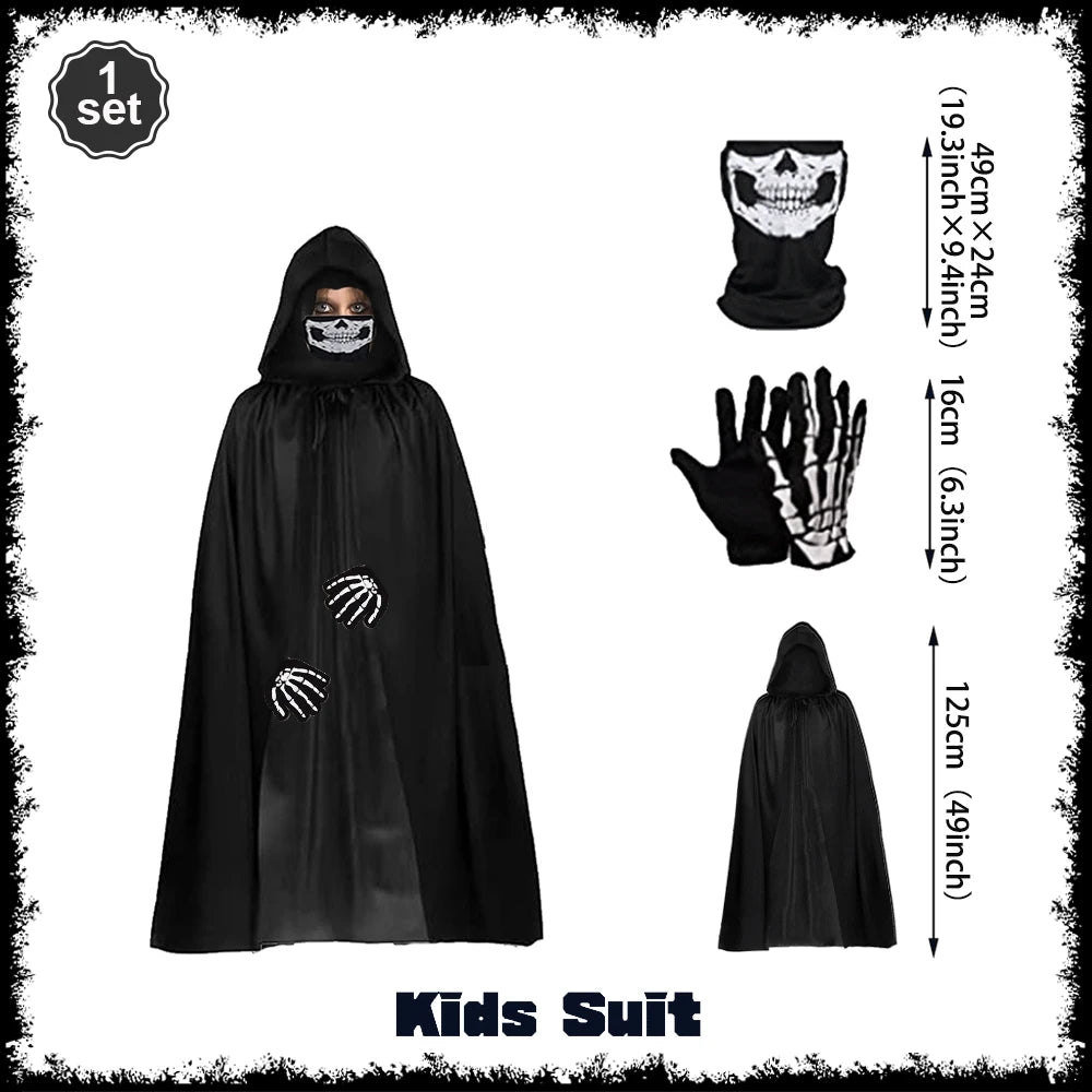 Death Cloak Suit Halloween Cosplay Costume Grim Reaper Prop Ghost Head Scythe Skull Scarf Glove Adult Kids Halloween Decoration
