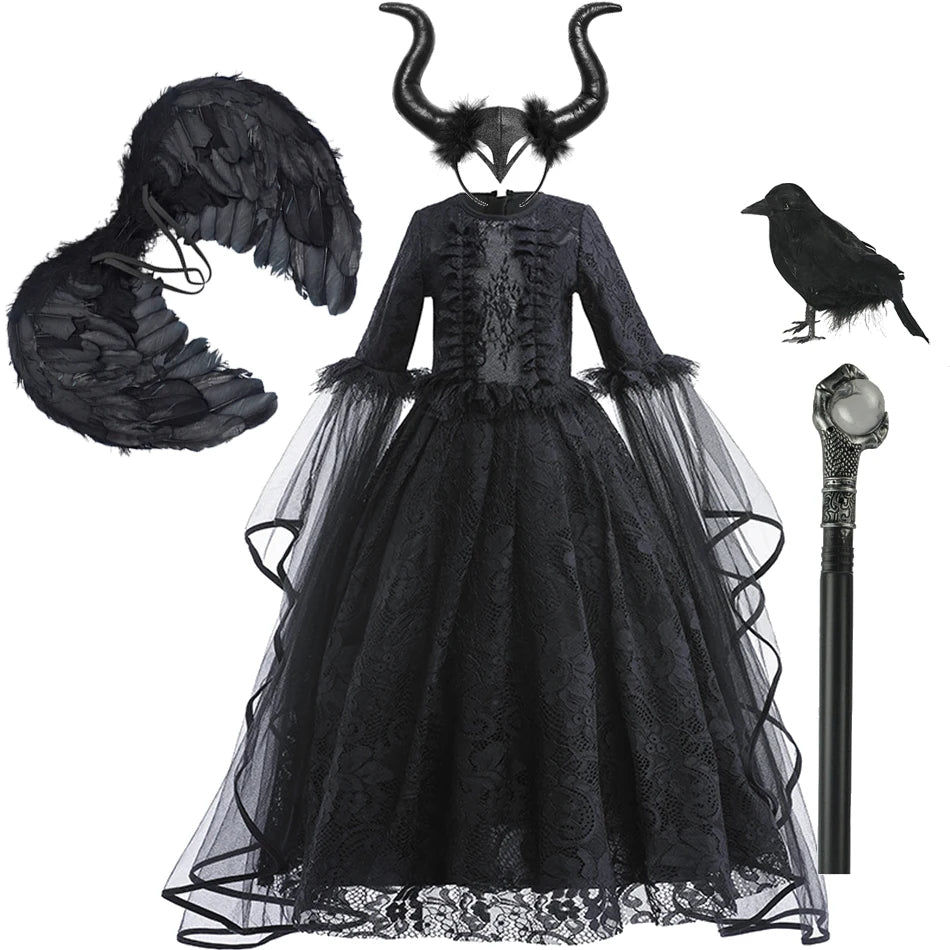 Girl Maleficent Dress Halloween Kid Witch Costume Long Sleeve Black Lace Gown Evil Role Playing Costume Carnival Cosplay Outfits