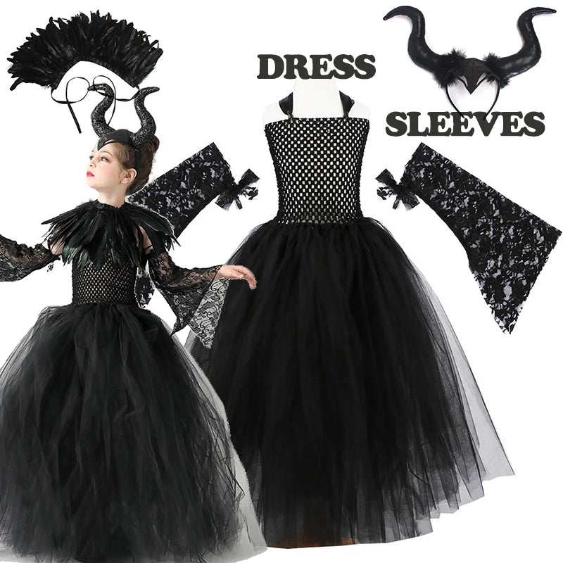 2024 New Maleficent Halloween Costume Maleficent Tulle Dress for Girls Cosplay Evil Queen Black Mesh Princess Dress Kids