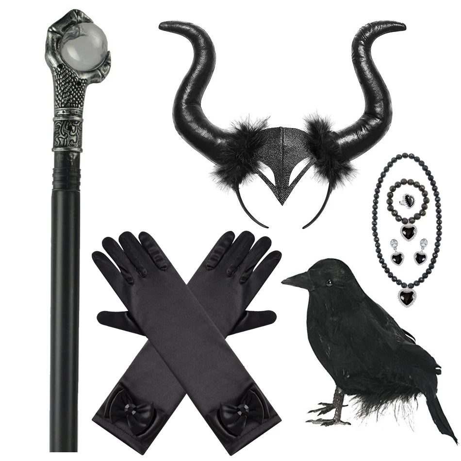 Girl Maleficent Dress Halloween Kid Witch Costume Long Sleeve Black Lace Gown Evil Role Playing Costume Carnival Cosplay Outfits