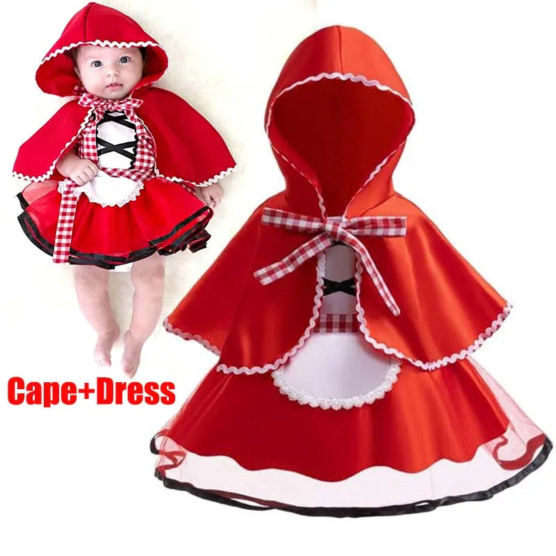 Baby Girls Cosplay Little Red Riding Hood Halloween Costume With Cape Dress up Halloween Red Princess Cloak Performance Dress