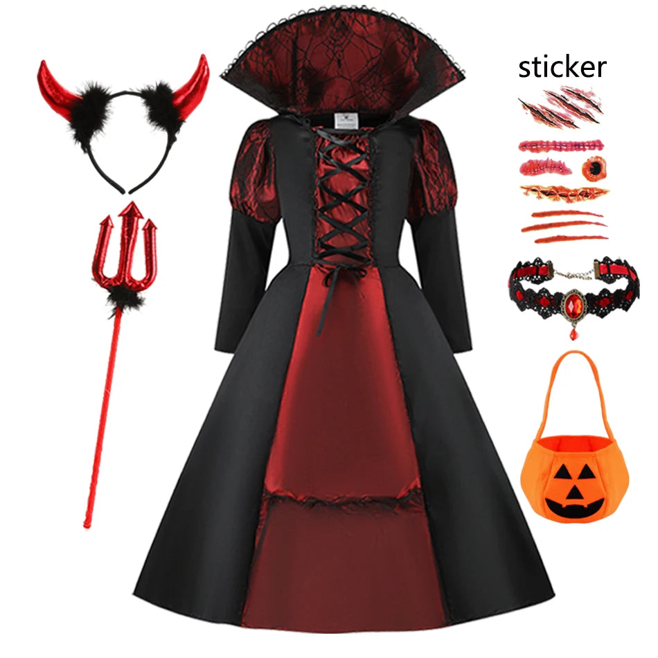 2025 Girls Boys Red Vampire Costume Ghost Bride Gothic Dress Party Kids Cosplay Clothes Halloween Outfit