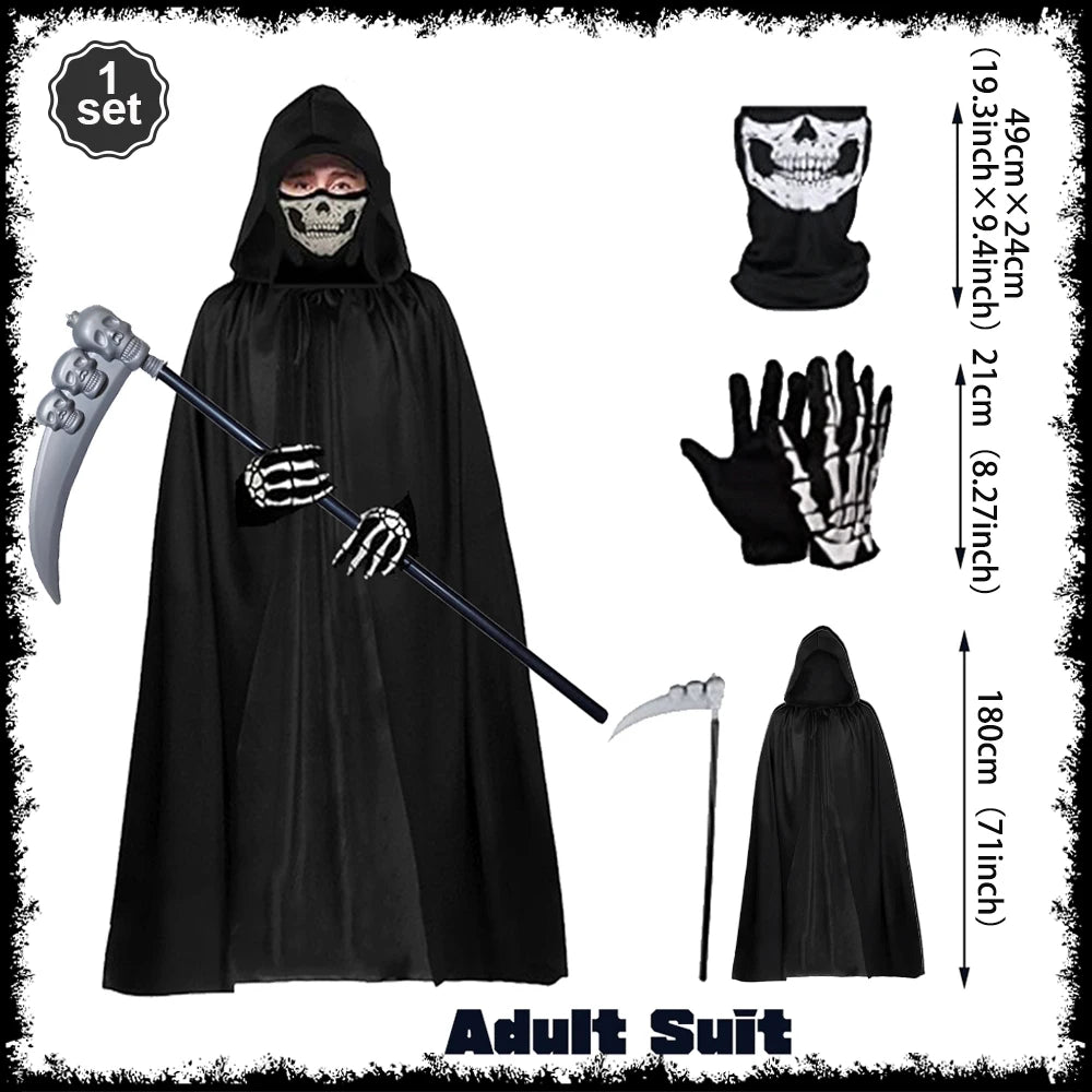 Death Cloak Suit Halloween Cosplay Costume Grim Reaper Prop Ghost Head Scythe Skull Scarf Glove Adult Kids Halloween Decoration