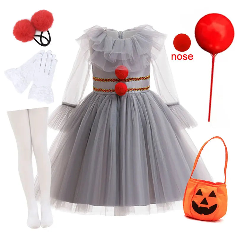 Girls New Gray Joker Dress for Kids 2025 Halloween Carnival Cosplay Creepy Clown Costume Children Dress Up Party Clothes