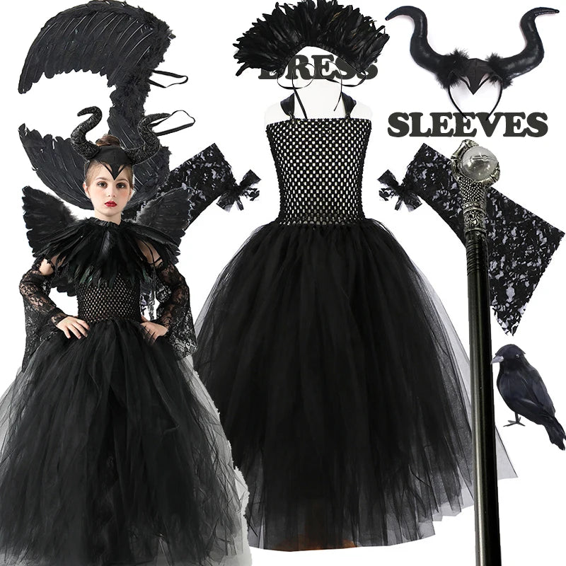 2024 New Maleficent Halloween Costume Maleficent Tulle Dress for Girls Cosplay Evil Queen Black Mesh Princess Dress Kids