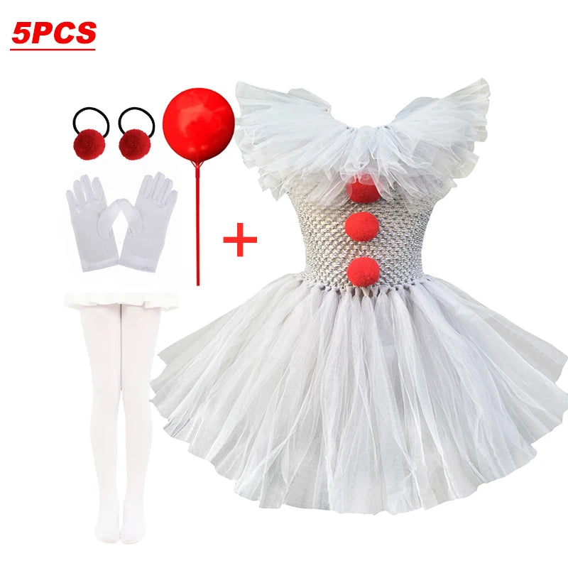 2025 New Halloween Kids Horror Movie Clowns Cosplay Costume Set for Girls Carnival Party Party Dress Up Clothing Sets