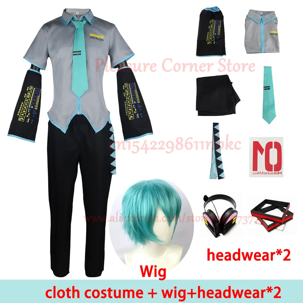 European Size Male Miku Cosplay Costume Wig Full Set Silver Leather Cloth Fabric Suit Miku Male Style Uniform
