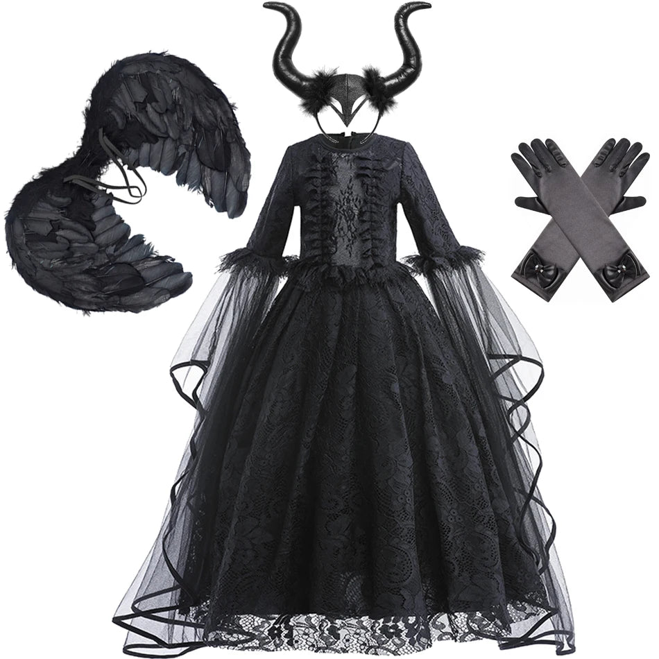 Girl Maleficent Dress Halloween Kid Witch Costume Long Sleeve Black Lace Gown Evil Role Playing Costume Carnival Cosplay Outfits