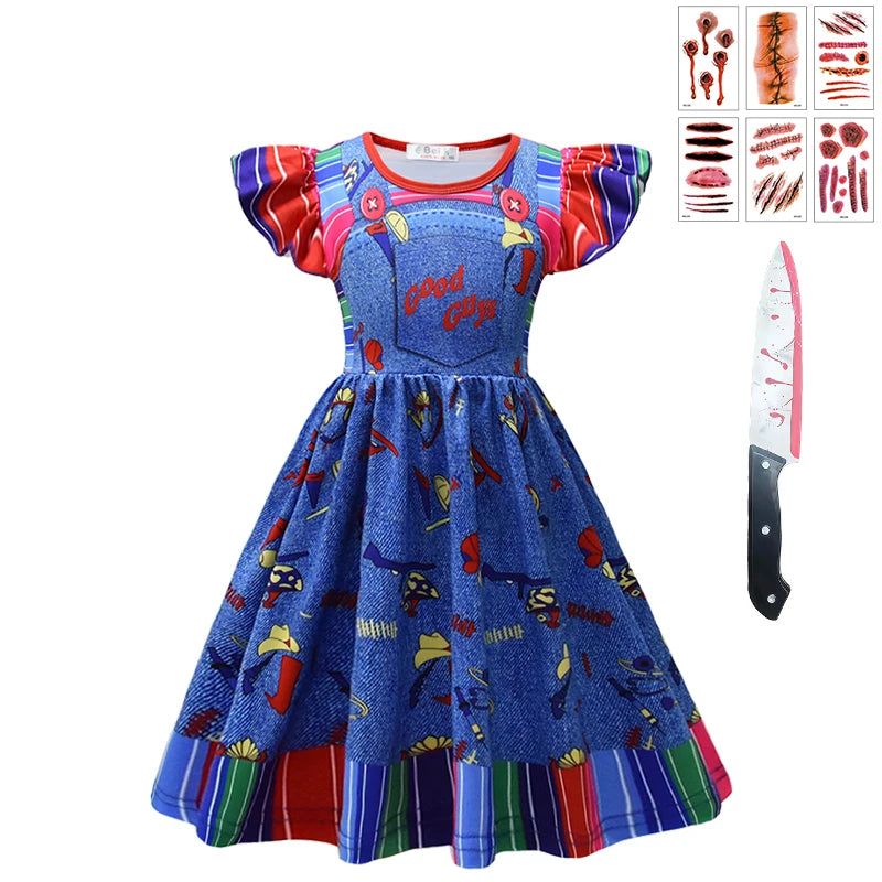 Child Role Play Ghost Doll Chucky Dress for Girls 2-10Y Kids Halloween Cosplay Horror Ghost Masquerade Carnival Party Costume