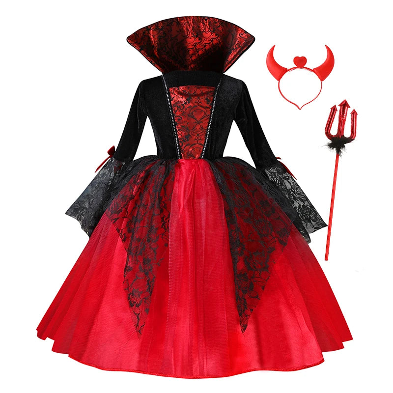 Girl Vampire Halloween Dress For Kid Ghost Bride Gothic Cosplay Vampire Costume Count Vampiran Carnival Outfit Black Red Clothes