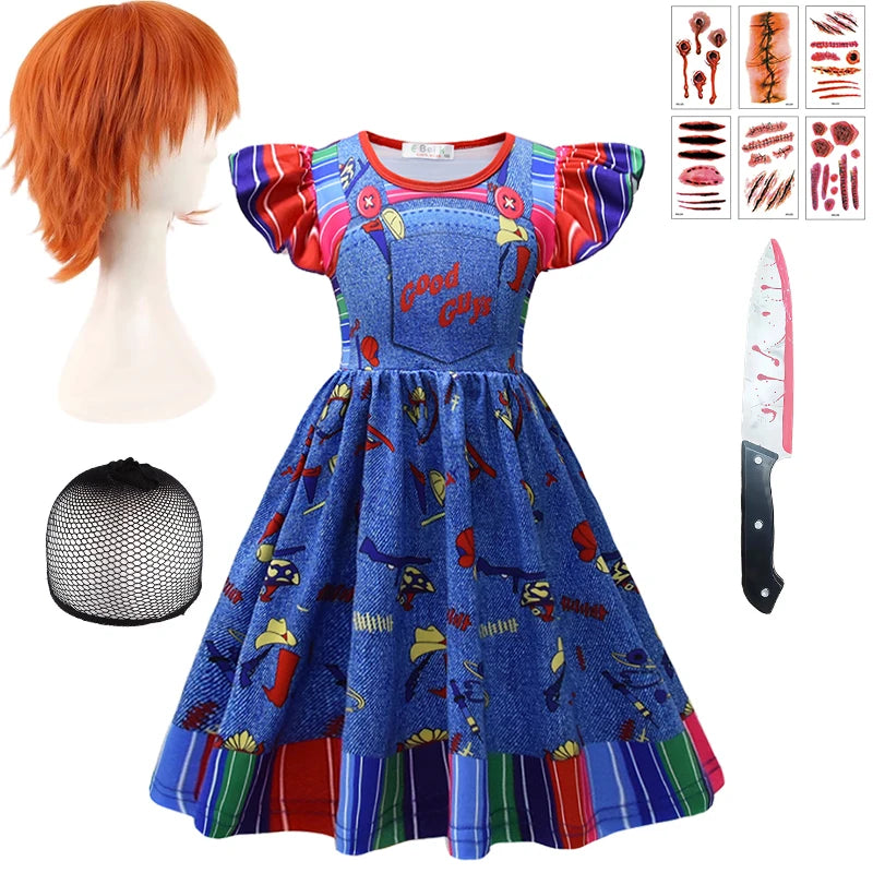 Child Role Play Ghost Doll Chucky Dress for Girls 2-10Y Kids Halloween Cosplay Horror Ghost Masquerade Carnival Party Costume