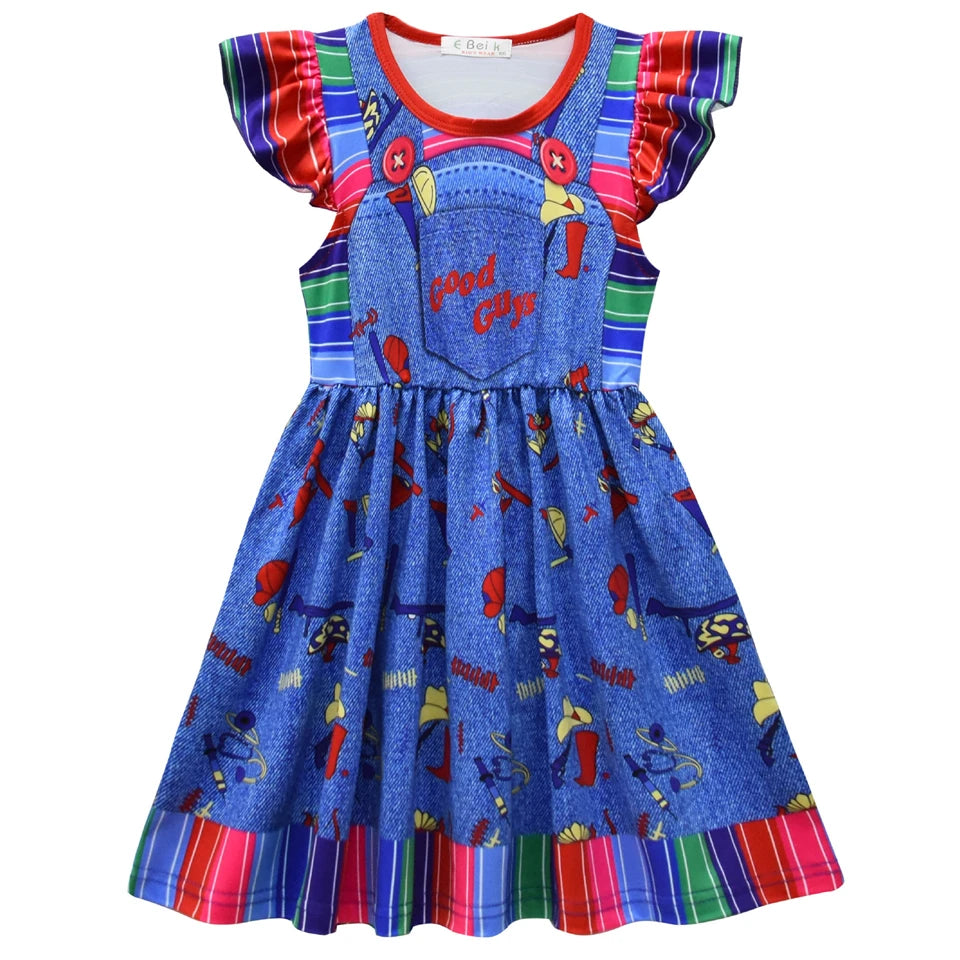 Child Role Play Ghost Doll Chucky Dress for Girls 2-10Y Kids Halloween Cosplay Horror Ghost Masquerade Carnival Party Costume