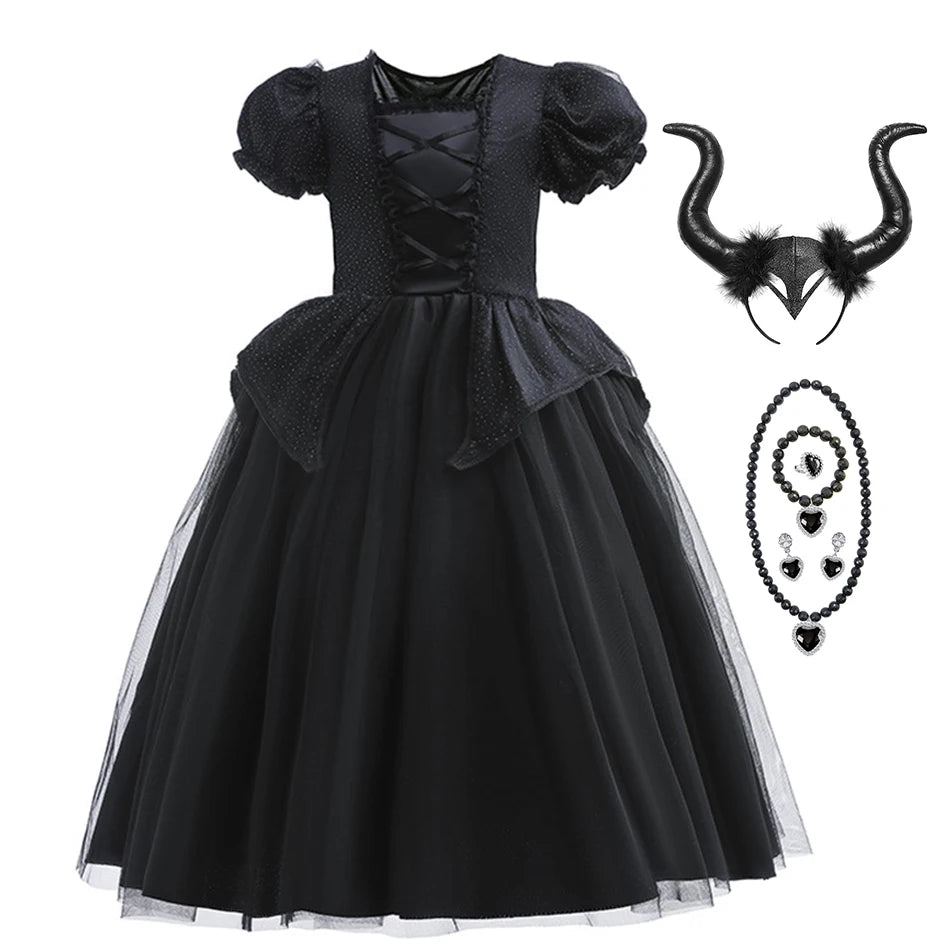 Girl Maleficent Cosplay Dress With Wings Kids Halloween Carnival Evil Witch Dress Up Costume 2-10 Yrs Sequin Ruffles Outfits