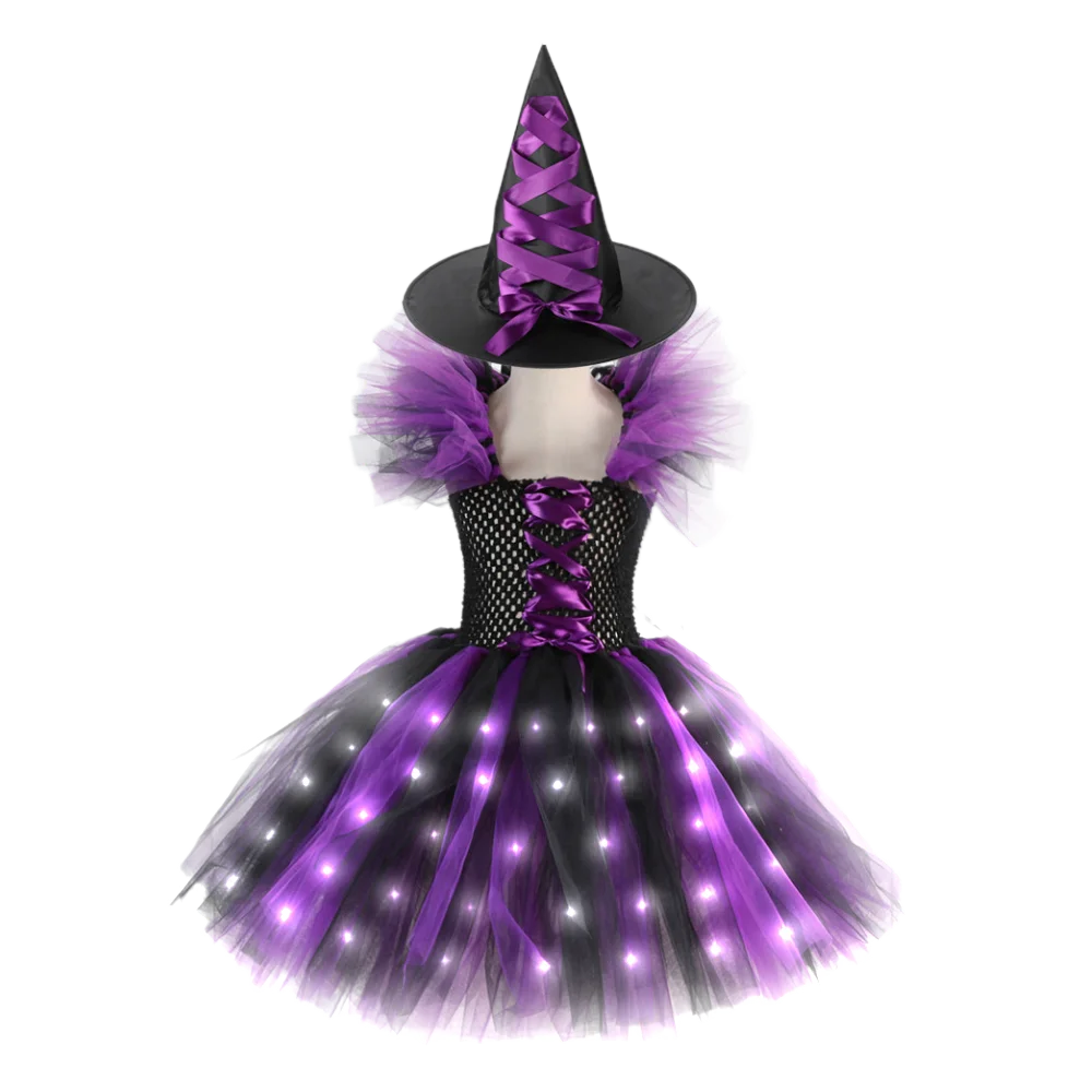 2025 Girls Witch Halloween Cosplay LED Dress Carnival Vestidos Party Kids Children Glowing Costume Party Princess Dress