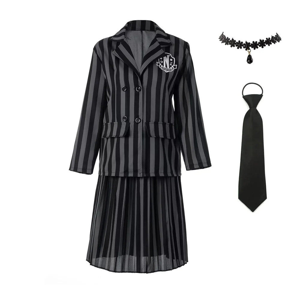 Addams Costumes Girls Black Uniform Suit Birthday Party Halloween Cosplay Dresses For Kids Women