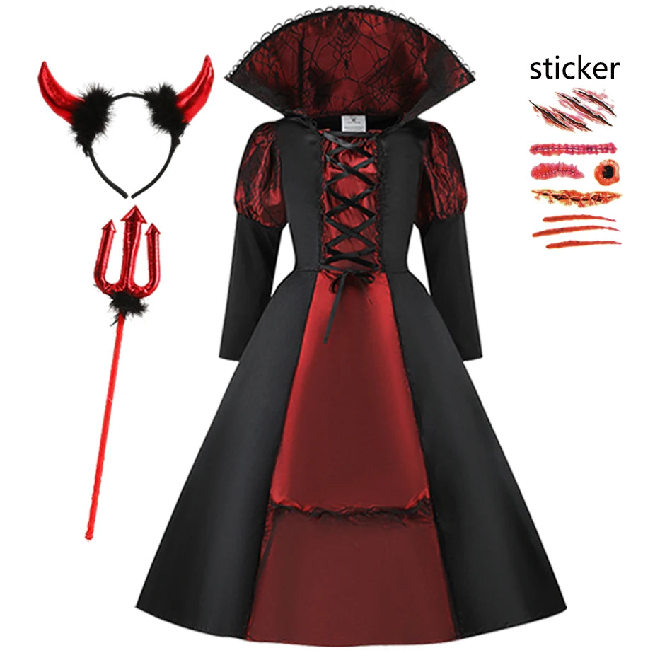 2025 Girls Boys Red Vampire Costume Ghost Bride Gothic Dress Party Kids Cosplay Clothes Halloween Outfit