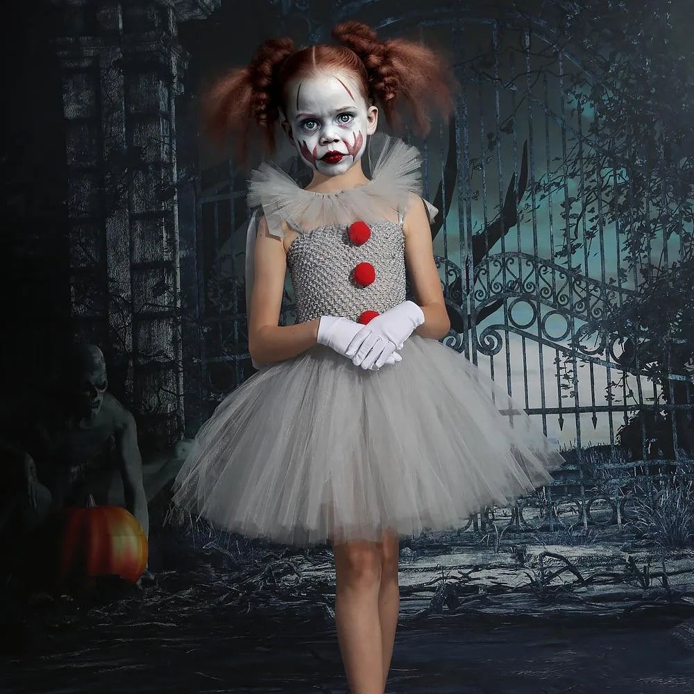2025 New Halloween Kids Horror Movie Clowns Cosplay Costume Set for Girls Carnival Party Party Dress Up Clothing Sets